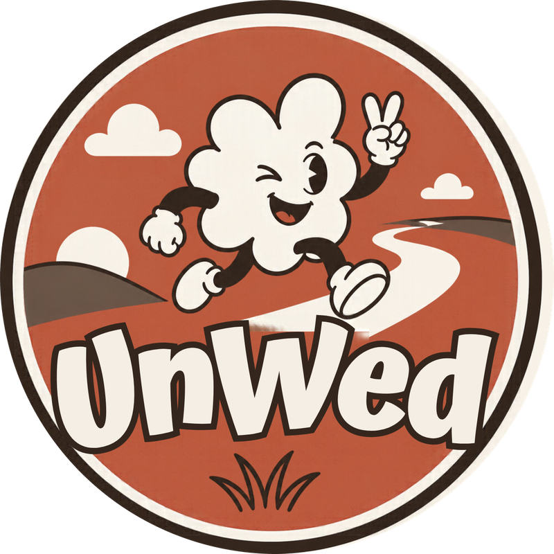 UnWed roundel: a winking cloud waving a peace sign as it runs down a sunny path